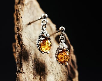 Amber Hedgehog Earrings, Sterling silver 925 and natural Baltic Amber, Dainty stud Hedgehog, Romantic Jewellery, Super sweet unique studs