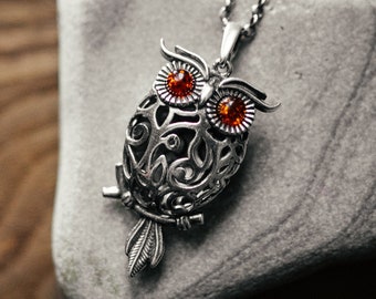 Sterling Silver Owl Pendant: Openwork Design with Amber Eyes