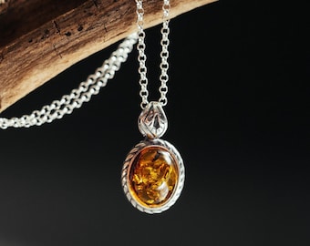 Sterling silver amber pendant – natural Baltic cognac amber, handmade elegant jewelry