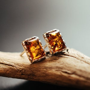 Elegant rectangular earrings. Baltic amber and sterling silver 925. Honey cognac color. Genuine Baltic stud earrings. Amber gemstone studs.