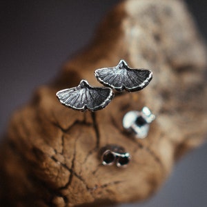 Tiny ginkgo studs. Made of sterling silver. Nature ginkgo earrings. Carved by the artist.