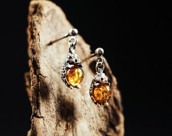 Hedgehog Earrings with Baltic Amber – Oxidized Sterling Silver Animal Jewelry
