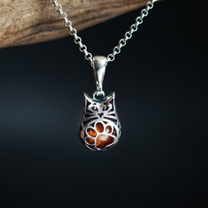 A silver Cat Pendant with Amber Inside and a cute paw on the belly. Openwork 3D kitten. Gift for cat lovers. Three dimensions pet.