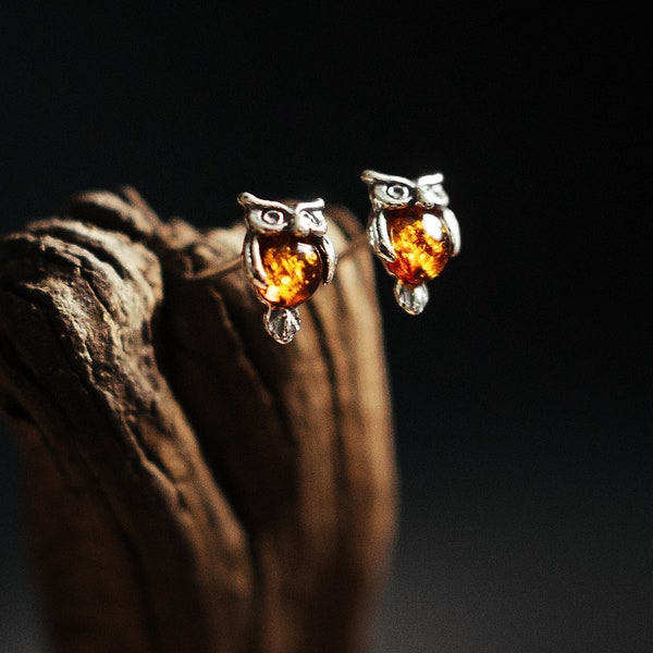 Tiny Owl Amber Stud Earrings, Natural Baltic Amber Jewelry, Sterling silver studs, Romantic Jewellery Gift for Her,  Symbol of Wisdom