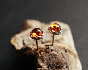 Tiny Cognac Stud Earrings, Natural Baltic Amber Jewelry, Amber yellow dots earrings, Small sterling silver studs, Romantic Gift for Woman