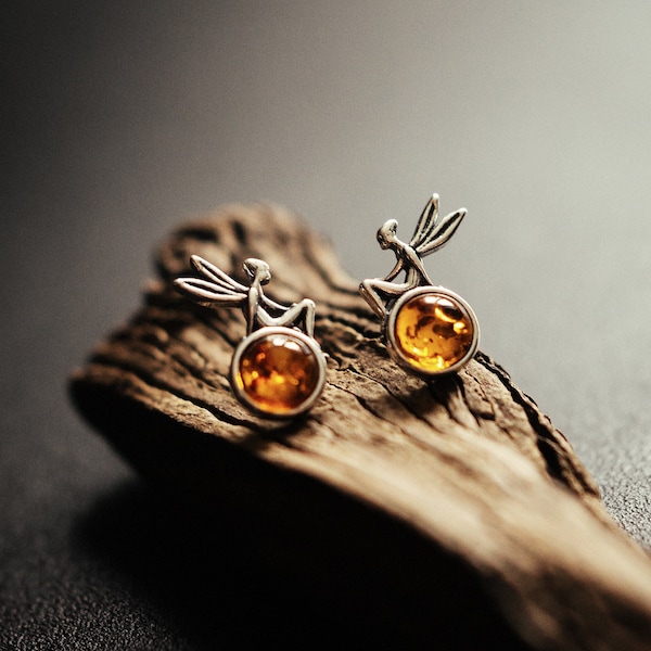 Little fairy on natural amber stud earrings. Sterling silver 925 and Baltic amber Magical romantic jewelry for her Gift idea for girl Disney
