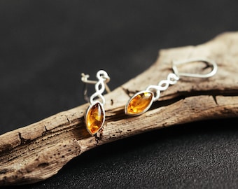 Classic dangle earrings. Amber drop silver earrings. Natural Baltic amber. 925 sterling silver. Classic minimalist style. Delicate and light