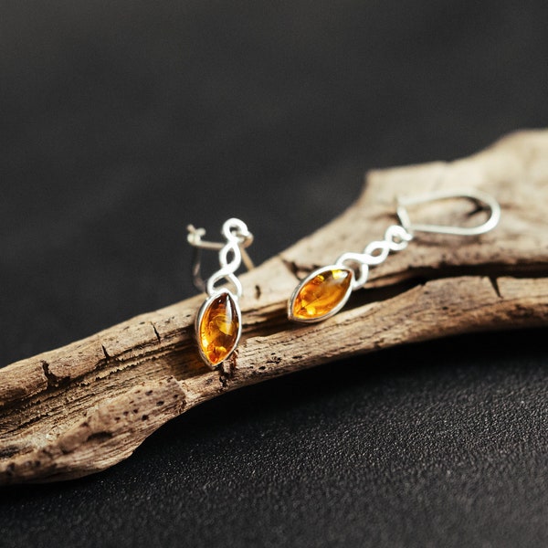 Classic dangle earrings. Amber drop silver earrings. Natural Baltic amber. 925 sterling silver. Classic minimalist style. Delicate and light