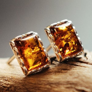 Baltic Amber Stud Earrings – Rectangular Amber Earrings – Sterling Silver Amber Jewelry