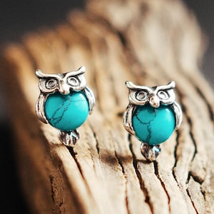Turquoise Owl Earrings: Sterling Silver Studs, Minimalist Jewelry