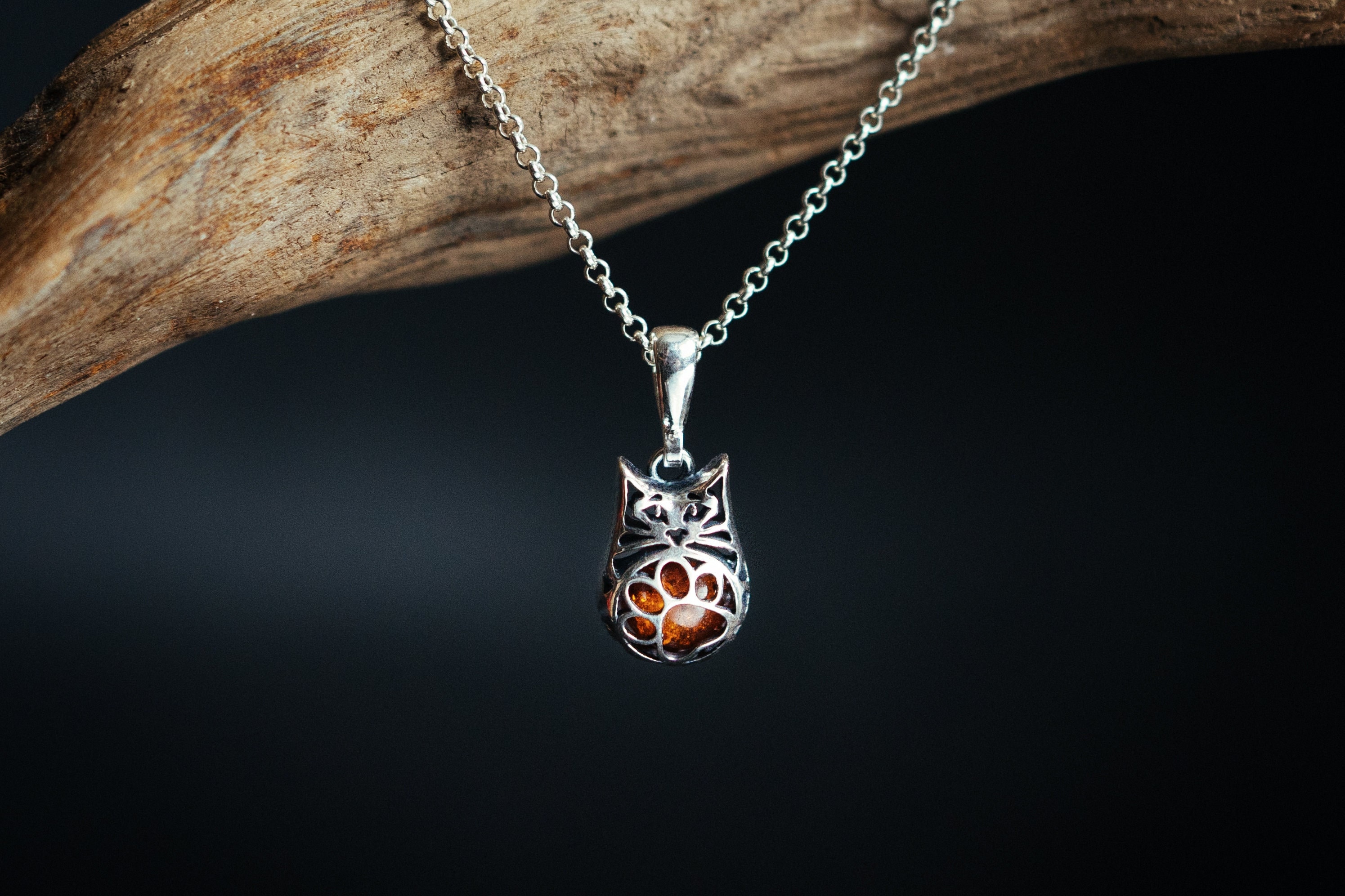 A silver Cat Pendant with Amber Inside and a cute paw on the belly. Openwork 3D kitten. Gift for cat lovers. Three dimensions pet.