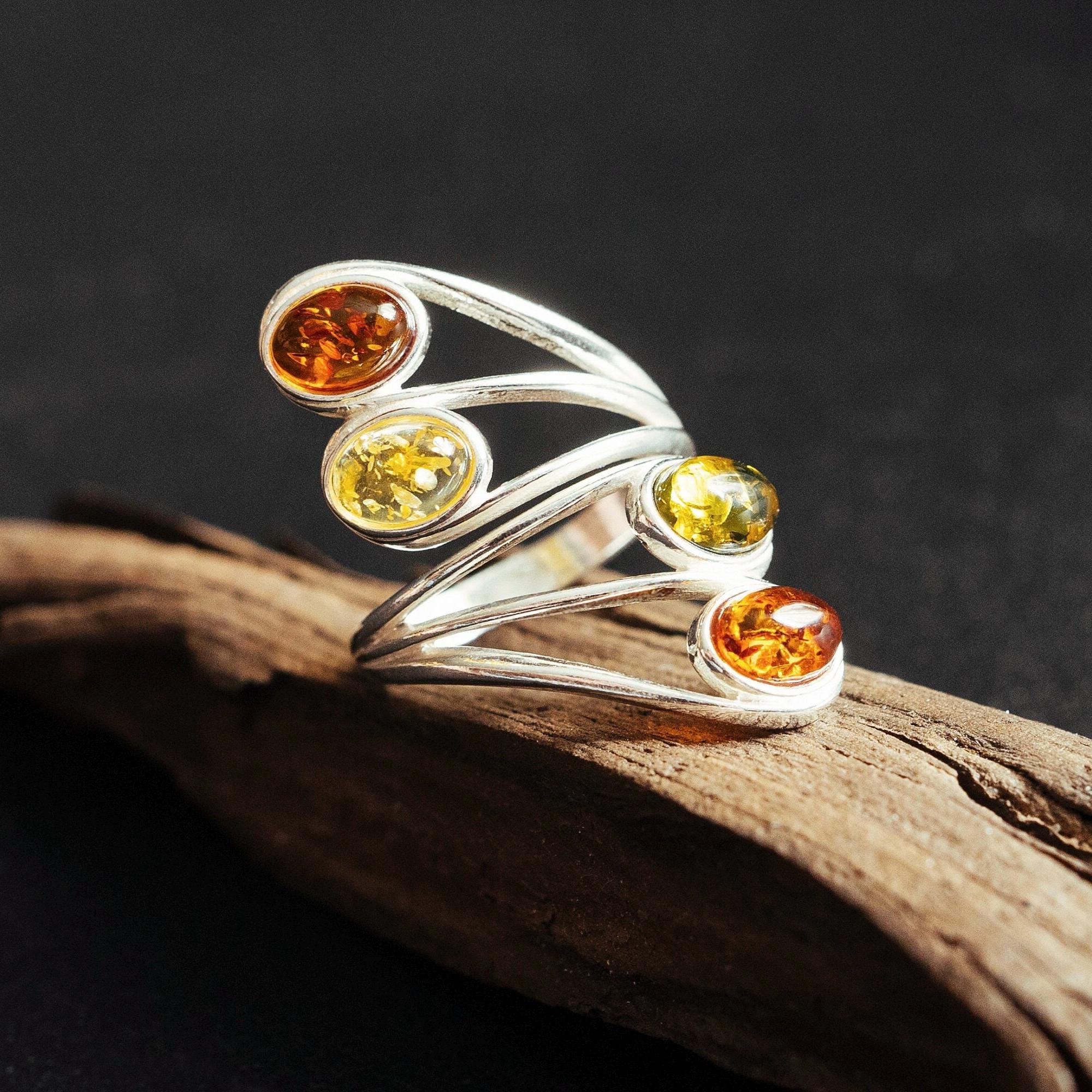 Multicolor Amber Ring | Sterling Silver Adjustable Ring | Baltic Amber Jewelry, Cognac, Yellow & Green Natural Amber | Unique Handmade Gift