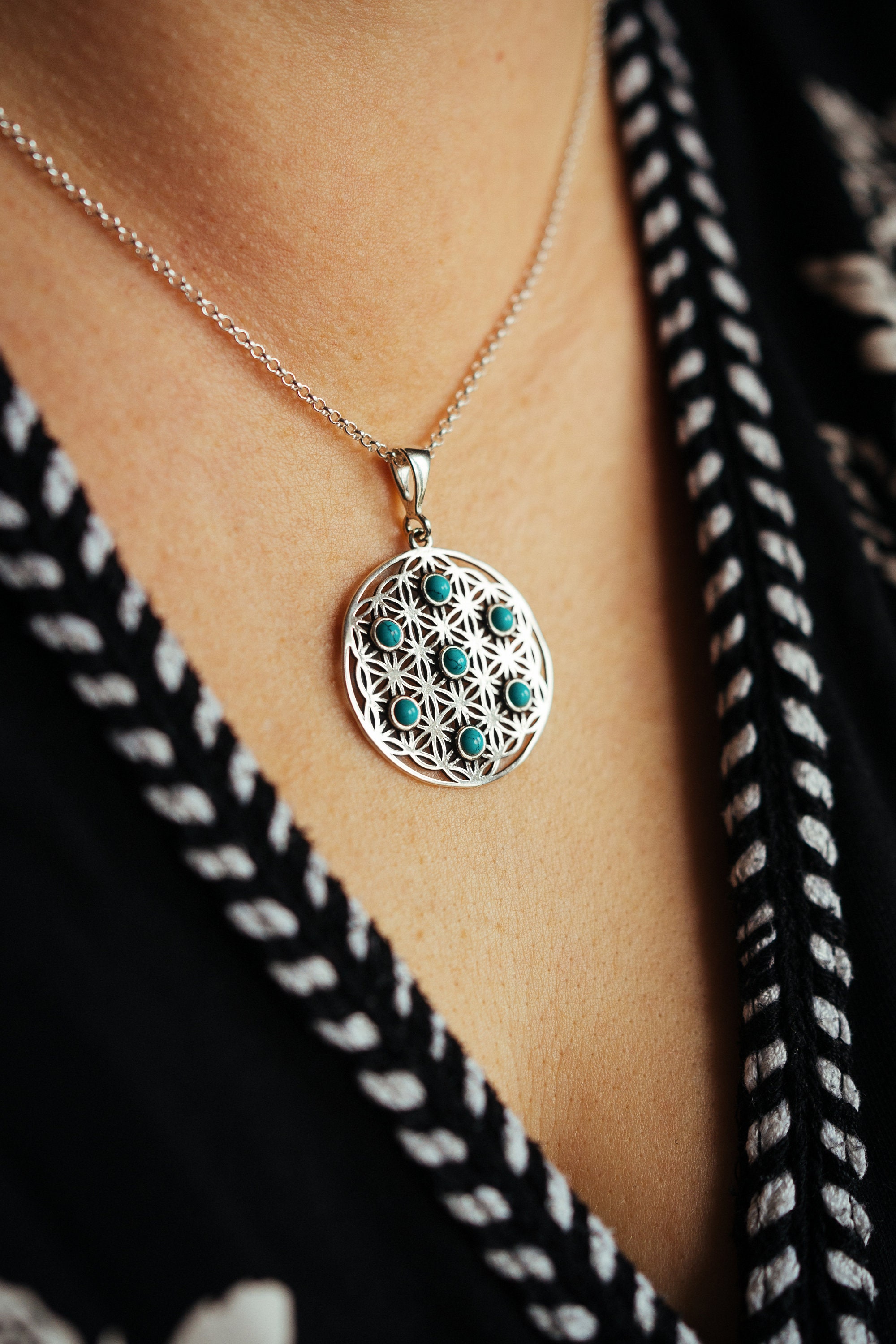 Jeweloporium Collana Artigianale In Argento 925 Con Pietre Naturali: Ambra, Turchese, Onice E Perla - Stile Boho - 4