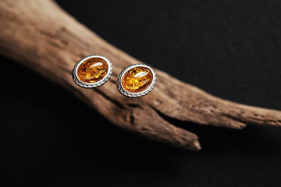 Orecchini A Bottone Ovali In Argento 925 E Ambra Baltica - Piccoli, 1,5 Cm, Disponibili In 3 Colori, Limone