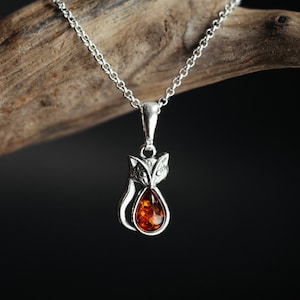 Fox pendant with natural Baltic amber. Fox jewelry. Origami fox. Genuine Baltic Amber Jewelry. Cognac natural stone. Gift for her.