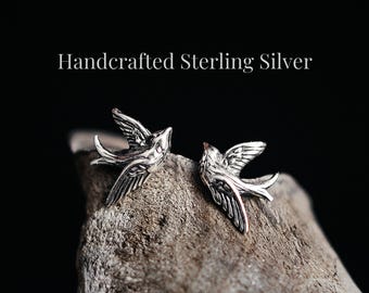 Sterling Silver Swallow Stud Earrings – Minimalist Bird Nature Jewelry