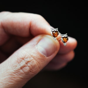 Tiny Owl Amber Stud Earrings, Natural Baltic Amber Jewelry, Sterling silver studs, Romantic Jewellery Gift for Her, Symbol of Wisdom image 2