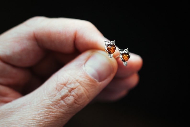 Tiny Owl Amber Stud Earrings, Natural Baltic Amber Jewelry, Sterling silver studs, Romantic Jewellery Gift for Her, Symbol of Wisdom image 2