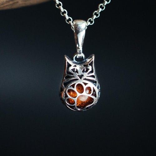 Pendentif chat en argent sterling - Charm chat en ambre de la Baltique - Bijoux fantaisie avec détail de patte