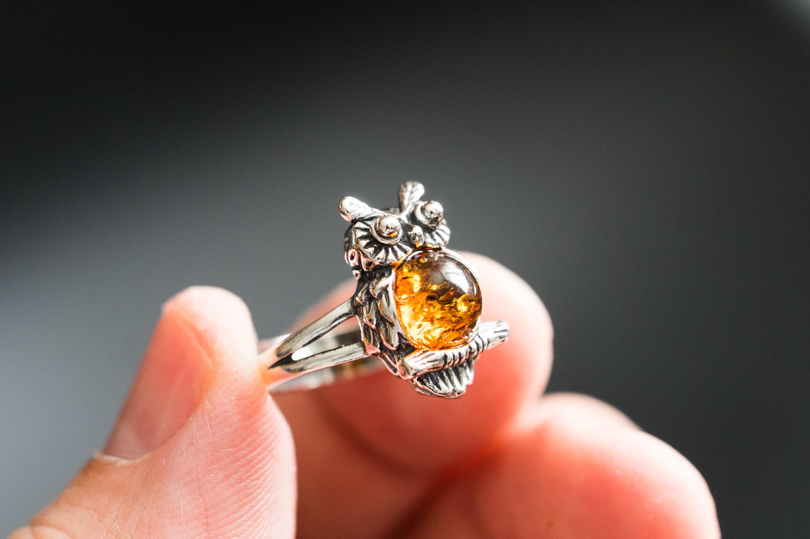 Wise Owl Ring with Baltic Amber &ndash; Silver Owl Jewelry &ndash; Meaningful Gift for Her