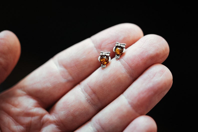 Tiny Owl Amber Stud Earrings, Natural Baltic Amber Jewelry, Sterling silver studs, Romantic Jewellery Gift for Her, Symbol of Wisdom image 4