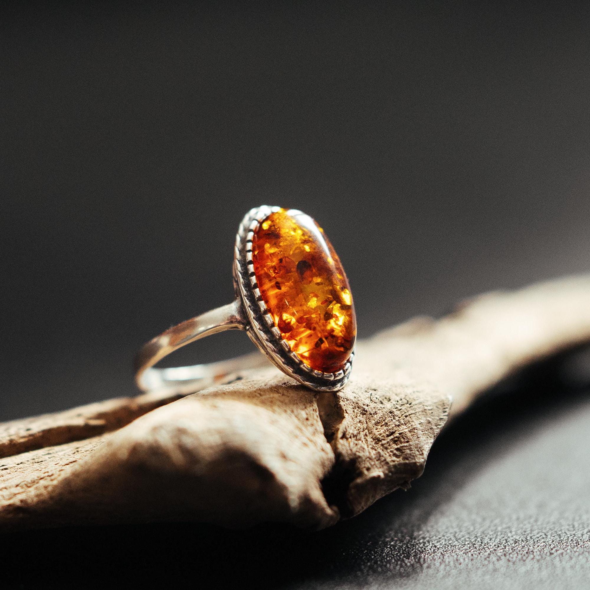 Silver Amber Ring – Baltic Amber Jewelry, Handmade Sterling Silver Ring, Vintage Style, Oval Amber Gemstone, Unique Gift for Women