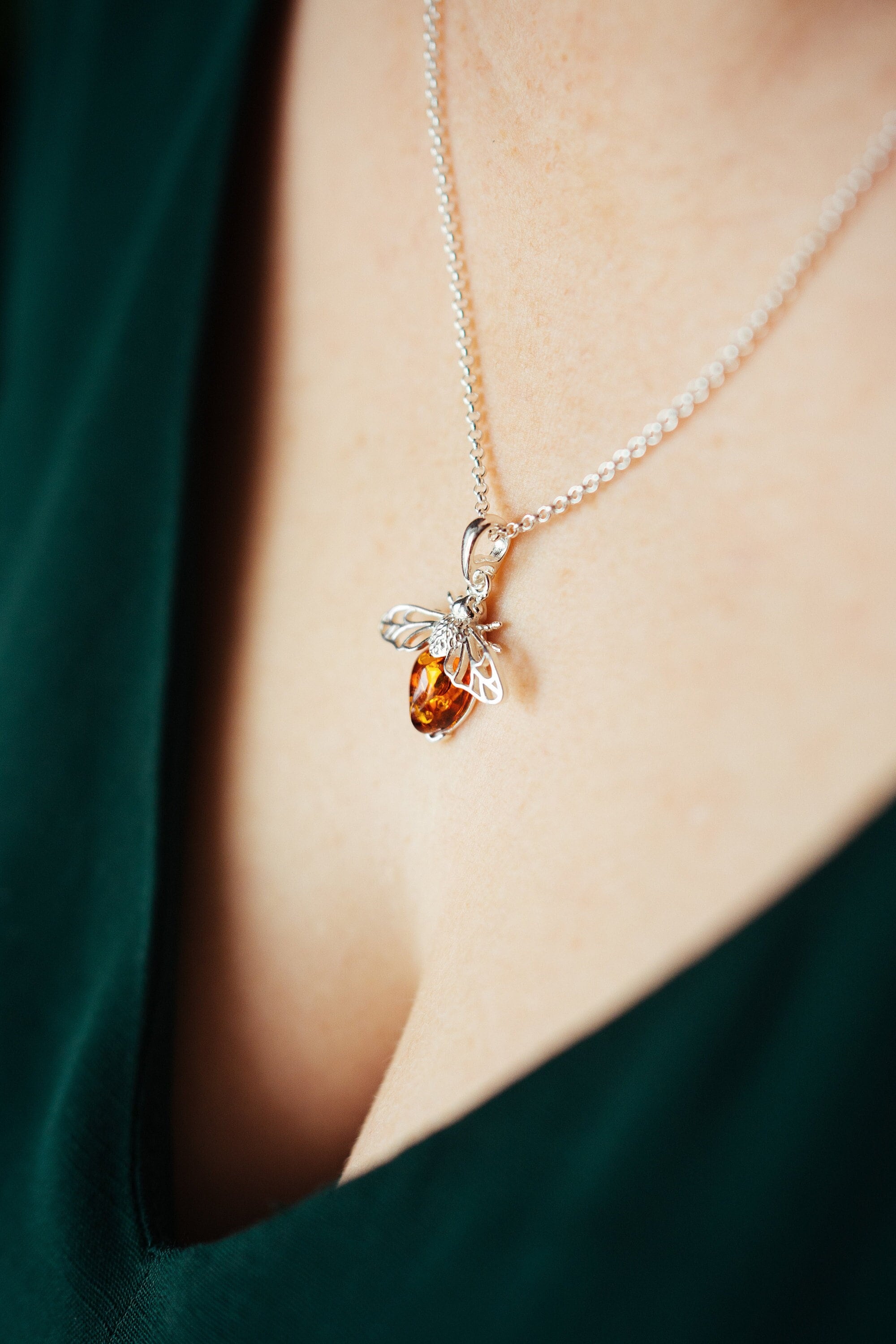 Baltic Amber Bee Pendant and Earrings Set in Sterling Silver | Nature Inspired Jewelry Gift for Her | Delicate 3D Insect Necklace and Studs