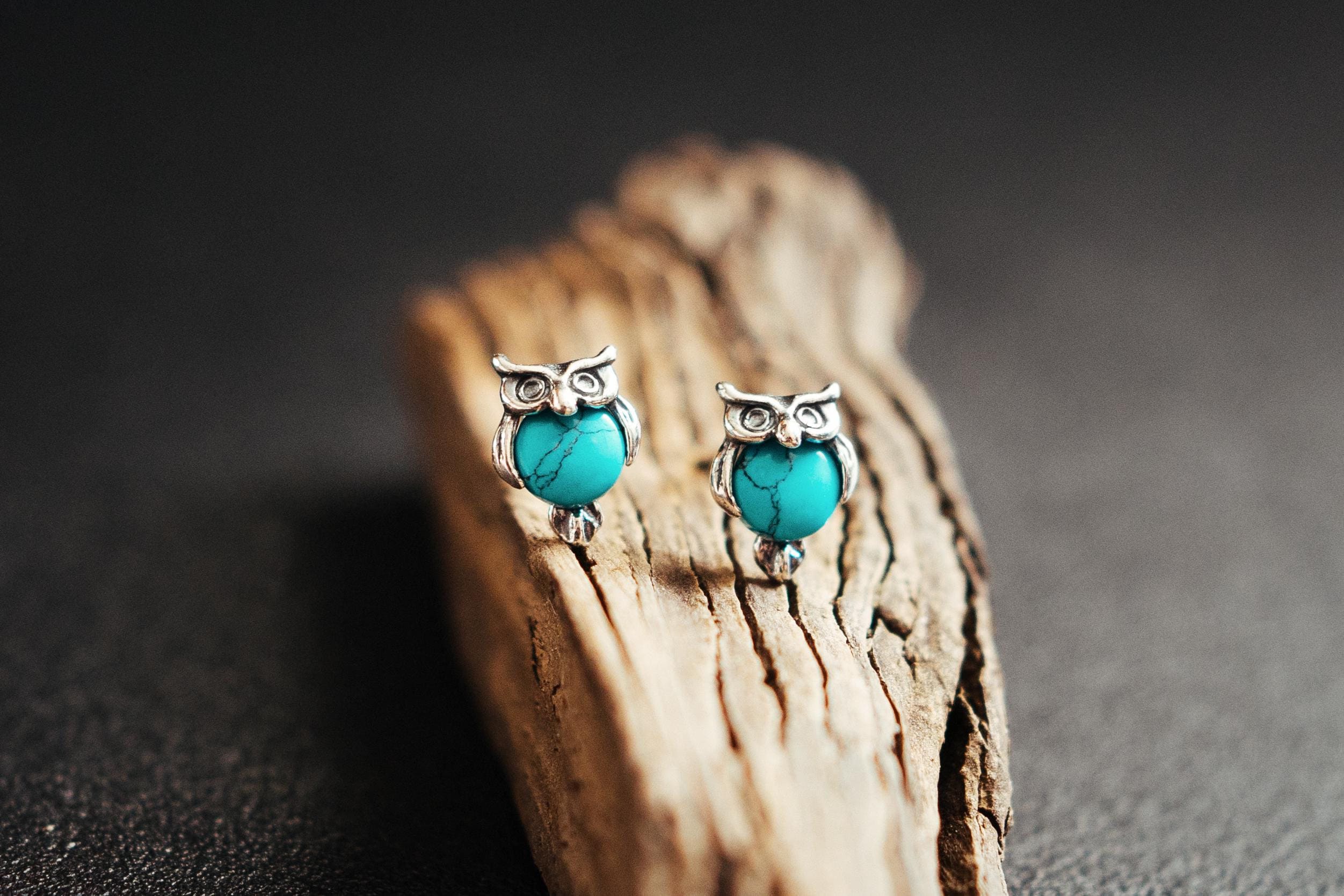Turquoise earrings. Small owl bird. Delicate jewelry studs. Real silver 925 and natural turquoise. Minimalist design. Lovely gift for her.
