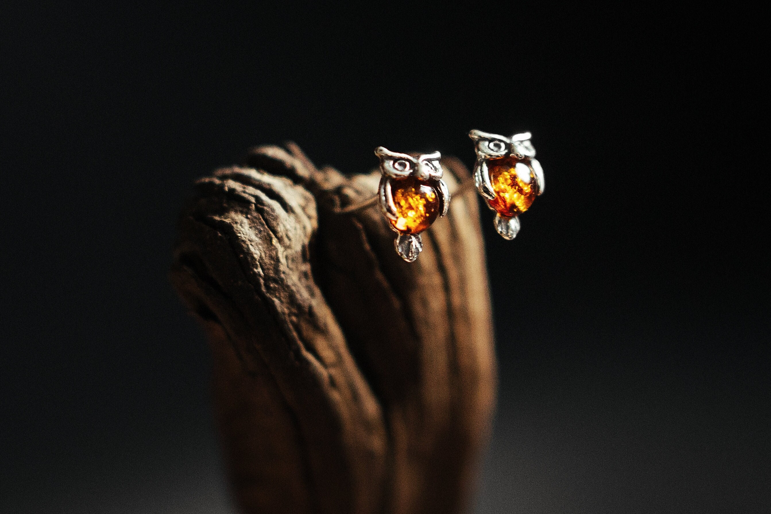 Tiny Owl Amber Stud Earrings, Natural Baltic Amber Jewelry, Sterling silver studs, Romantic Jeweller