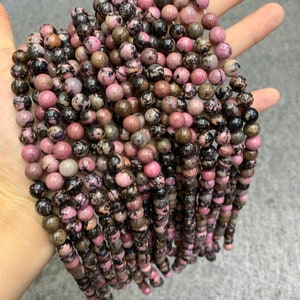 Natural Black Pink Rhodonite Beads 6mm 8mm 10mm Beads Gemstone Round Loose Rhodonite Bead for Jewelry DIY Making Strand 15.5&quot; Garde AAA
