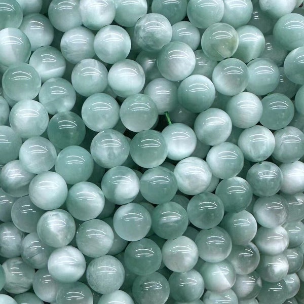 Natural Green Angelite Round Bead Chatoyant Green Moonstone Gemstone Loose Bead Aka "Green Larimar" Gem Beads 6mm 8mm 10mm 15.5 Inch AAA