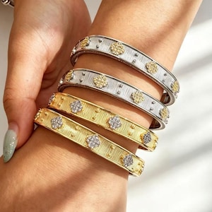 Vintage Italiaanse handgeborstelde open verstelbare armband met zirkonia, echt verguld, stapelbare vingerring, sieradencadeau (1 stuk)