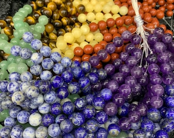 Natural 7 Chakra Round Beads 7 Color Gemstone Round bead 8mm 10mm 15.5” Strand for Jewelry Making