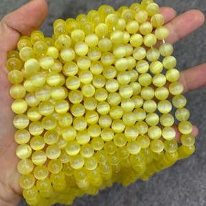 Natural Yellow Selenite Round Bead Selenite Loose Beads Gemstone Beads Yellow Selenite Gemstone Loose Bead 6mm 8mm 10mm 15.5 Inch AAA
