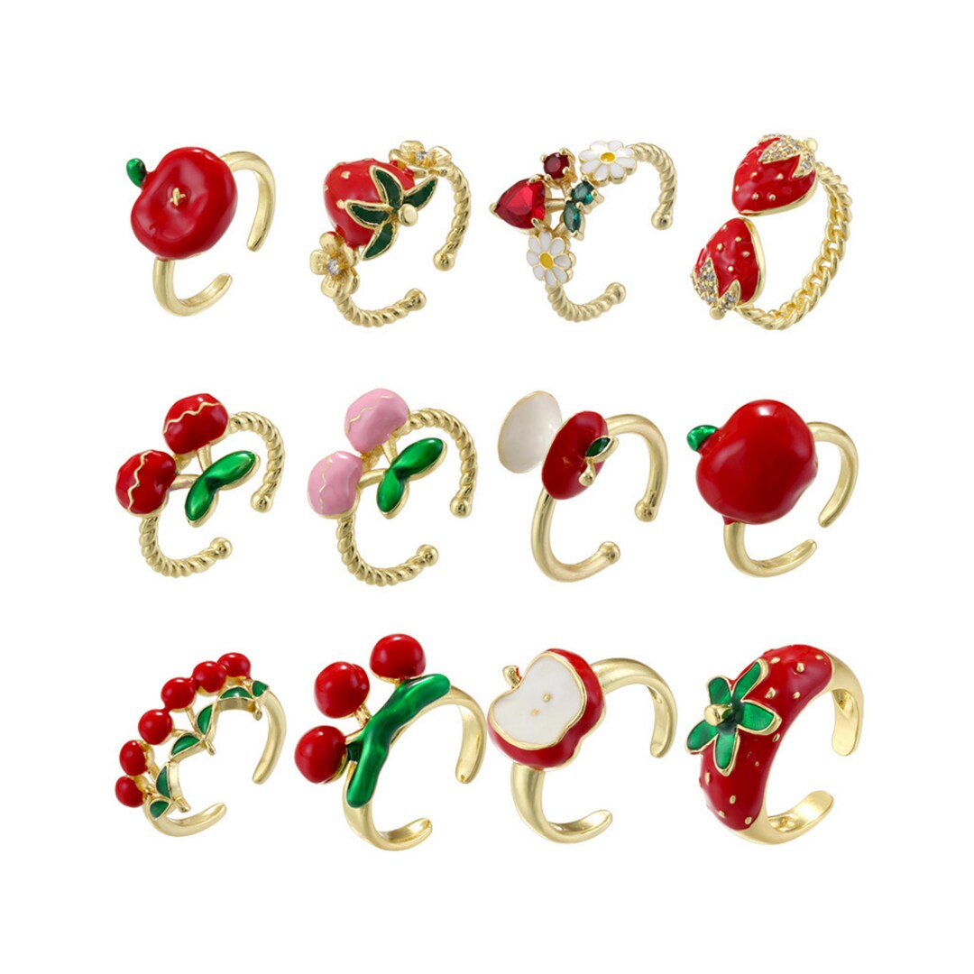 Cherry Rings Enamel Cherry Shape Rings Opening Size Strawberry Rings Enamel Apple ...