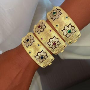 Vintage Italian Hand Brush Cubic Zirco Open Adjustable Flower Shape Bangle Rings, Real Gold Plated  Stackable Finger Ring Jewelry Gifts 1PC