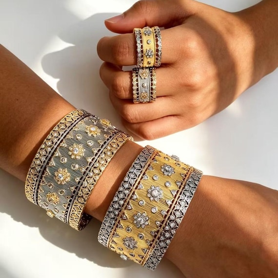 Vintage Italian Hand Brush Cubic Zirco Open Adjustable Bangle Rings, Real Gold Plated  Stackable Finger Ring Jewelry Gifts 1PC