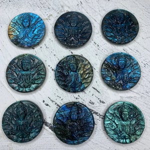 1PC Labradorite Carved Thousand-hand Bodhisattva Kwan-yin Statue Pendant Buddhist Jewelry Making,Round Thousand-hand Guan-yin