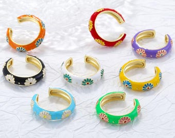 Colorful Enamel Flower Rings Opening Size Adjustable Brass Flower Enamel DIY for Jewellry