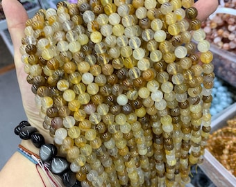 Natural Yellow Ferruginous Harlequin Yellow Hematoid Hematite Quartz 6MM 8MM Round Beads Loose Bead 15.5 Inch Strand AAA