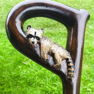 Raccoon Walking Cane Animal Wood Walking Stick Hand Carved Handle.