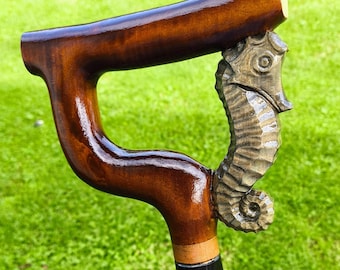 Handmade Wood Carved Handle Walking Cane with Sea Horse Design