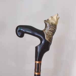 Wooden walking cane black howling wolf