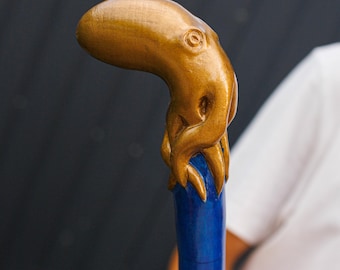 Wooden Cane With Octopus Handle And Starfish Design - Handmade Walking Stick, Unique Cane, Gift for Sea Life Enthusiasts