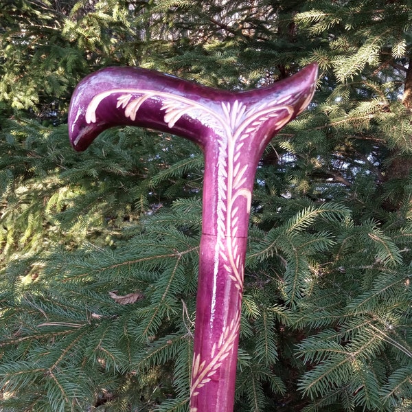 Purple wooden cane for women Carved handle and staff Ladies walking stick Hand carved Hiking stick Walking cane Gift for hiker