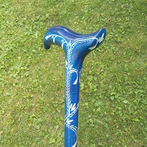 Blue Wooden cane for women Carved handle and staff Wood walking stick Hand carved Hiking stick Walking canes Gift for Dad. Wooden Canes