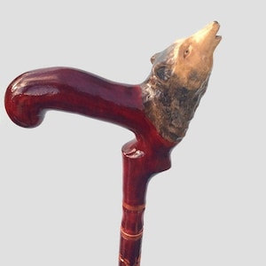 Wooden cane howling wolf Carved handle and staff Wood walking stick Hand carved Hiking stick wolf Walking canes wolf Gift for hikers.