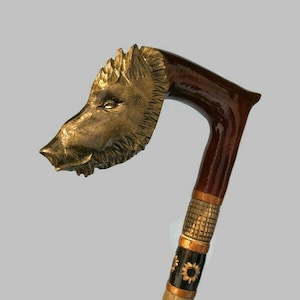 Wooden cane boar Carved handle and staff Wood walking stick Hand carved Hiking stick boar Walking canes boar Gift for hikers. wooden cane