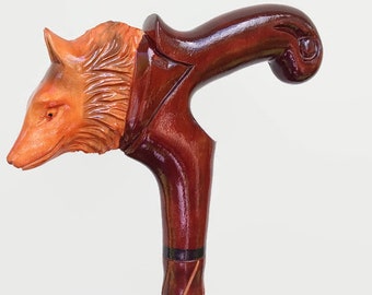 Fox Wooden Cane Carved handle and staff Wood walking stick Hand carved Hiking