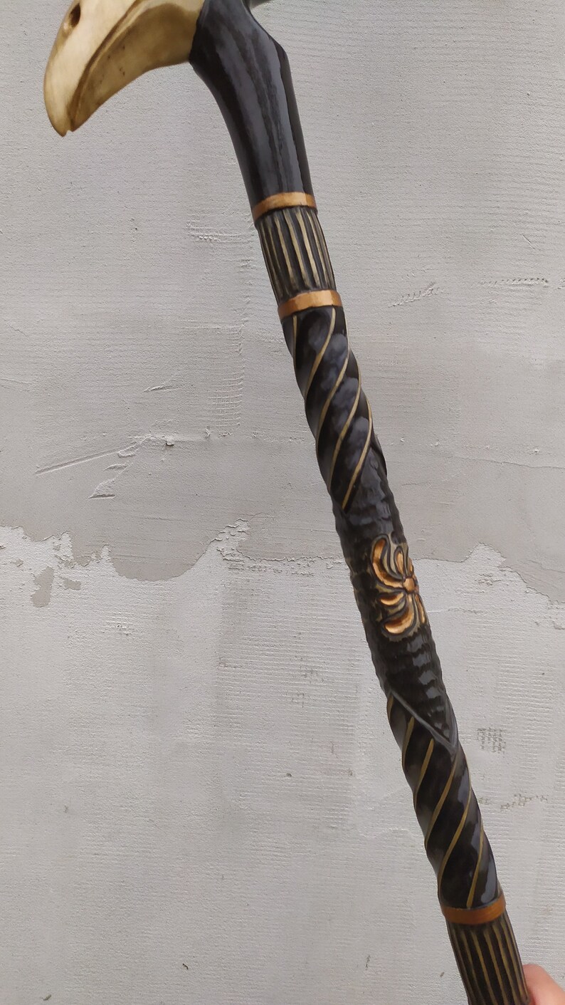 Heavy Raven Skull Handle Wooden Walking Cane - Black Metal Handle, 2-Fold Staff